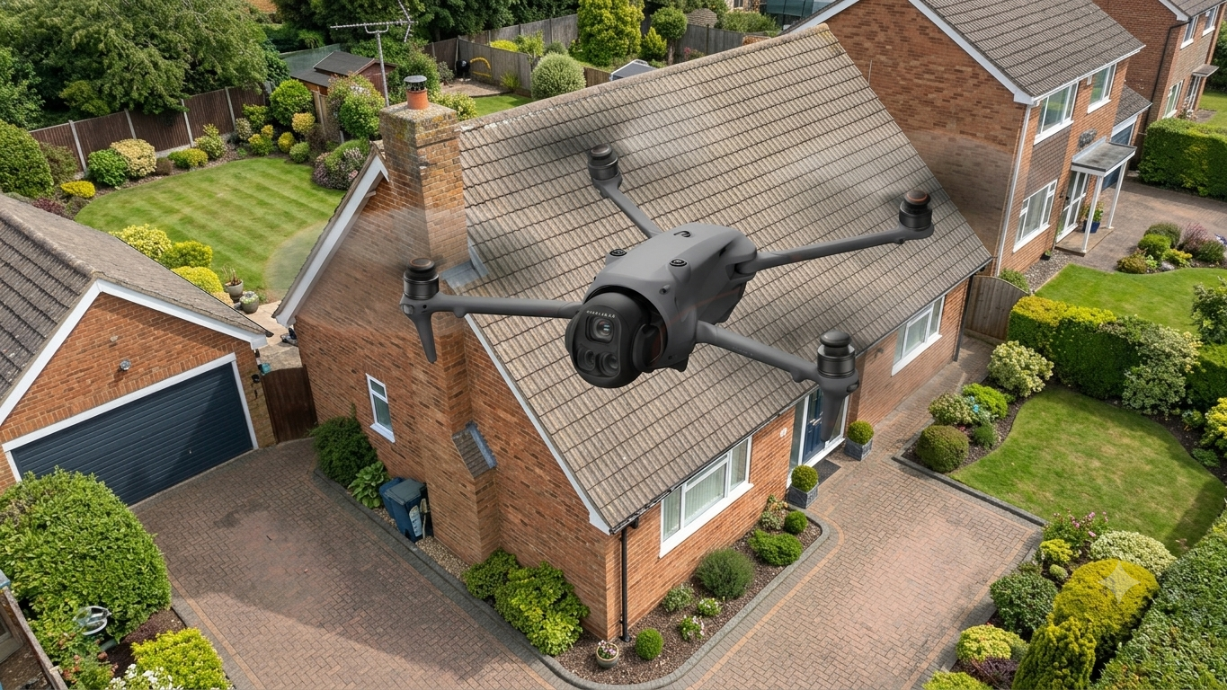 Drone flying over rooftop of a UK home